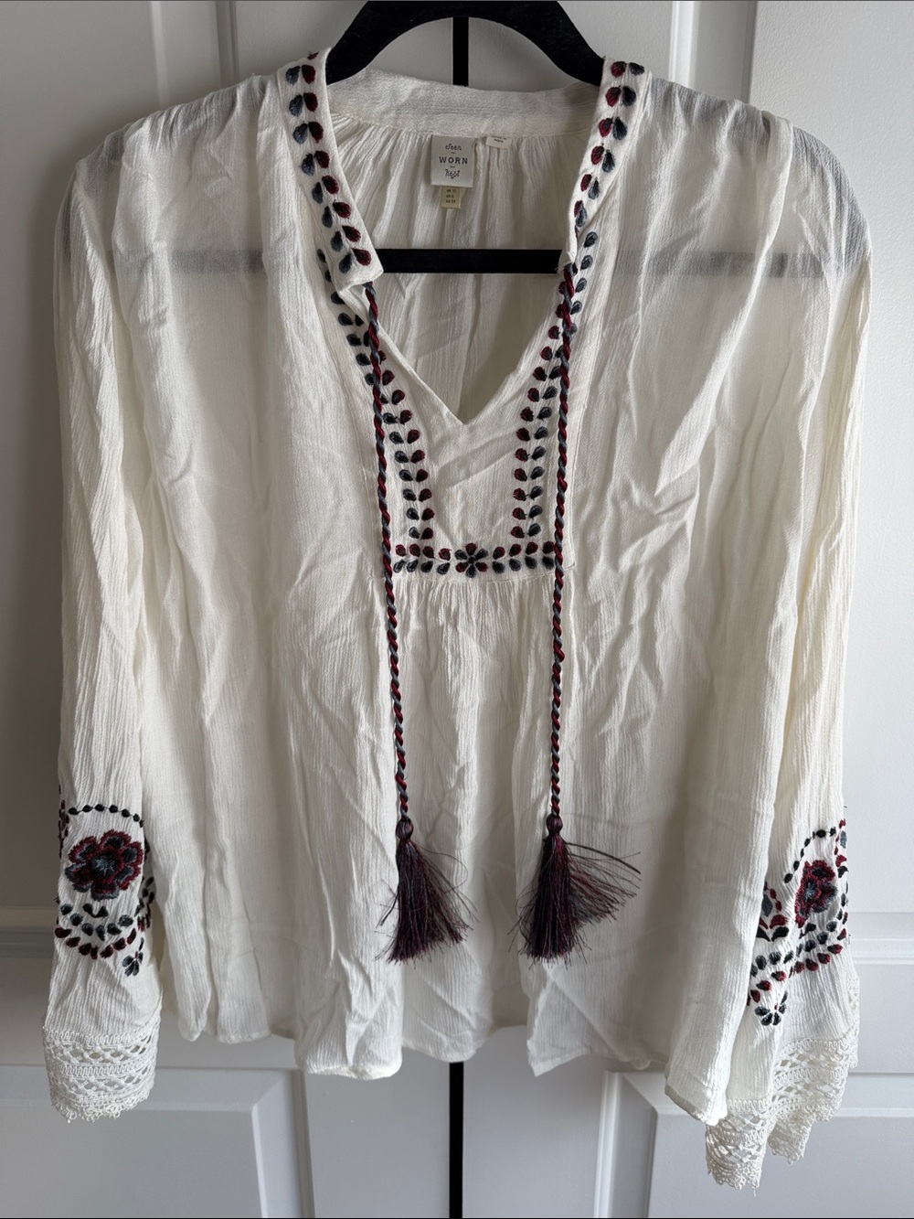 Worn White Embroidered Peasant Tunic with Burgundy Accents